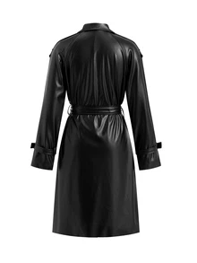 SHEIN Clasi Women's Solid Color PU Leather Fashion Versatile Daily Casual Trench Coat Jacket - Black - View 8