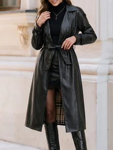 SHEIN Clasi Women's Solid Color PU Leather Fashion Versatile Daily Casual Trench Coat Jacket - Black - View 5