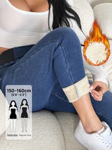 SHEIN PETITE Celana Jeans Denim Wanita Pinggang Tinggi Kasual Serbaguna untuk Pakaian Sehari-hari Musim Gugur/Musim Dingin Kasual Y2K Serbaguna untuk Halloween Festival Sekolah PETITE Fleece Fuzzy - Biru - View 9