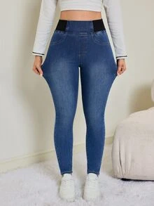 SHEIN PETITE Celana Jeans Denim Wanita Pinggang Tinggi Kasual Serbaguna untuk Pakaian Sehari-hari Musim Gugur/Musim Dingin Kasual Y2K Serbaguna untuk Halloween Festival Sekolah PETITE Fleece Fuzzy - Biru - View 3