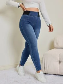 SHEIN PETITE Celana Jeans Denim Wanita Pinggang Tinggi Kasual Serbaguna untuk Pakaian Sehari-hari Musim Gugur/Musim Dingin Kasual Y2K Serbaguna untuk Halloween Festival Sekolah PETITE Fleece Fuzzy - Biru - View 6