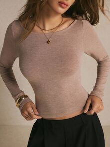 Poéselle Women's Minimalist Streetwear Long Sleeve T-Shirt For Daily Wear,Basic Tops,Winter Clothes - Khaki - View 9