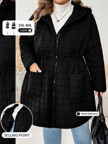 SHEIN CURVE+ Plus Size Casual Minimalist Drawstring Waist Hooded Jacket, Suitable For Autumn/Winter Wear - Black - View 9