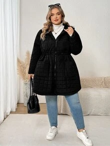 SHEIN CURVE+ Plus Size Casual Minimalist Drawstring Waist Hooded Jacket, Suitable For Autumn/Winter Wear - Black - View 7