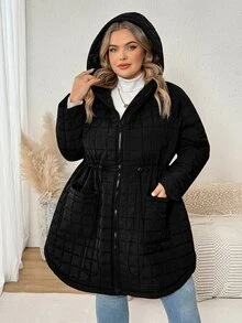 SHEIN CURVE+ Plus Size Casual Minimalist Drawstring Waist Hooded Jacket, Suitable For Autumn/Winter Wear - Black - View 5