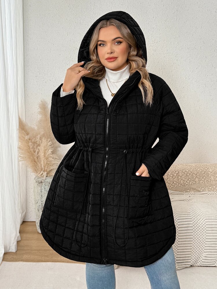 SHEIN CURVE+ 大尺碼休閒極簡抽繩腰連帽外套，適合秋冬穿著 - 黑色 - 查看 5