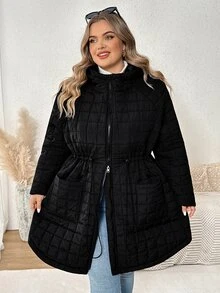 SHEIN CURVE+ Plus Size Casual Minimalist Drawstring Waist Hooded Jacket, Suitable For Autumn/Winter Wear - Black - View 6