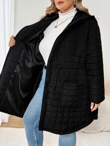 SHEIN CURVE+ Plus Size Casual Minimalist Drawstring Waist Hooded Jacket, Suitable For Autumn/Winter Wear - Black - View 10