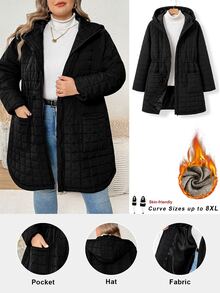 SHEIN CURVE+ Plus Size Casual Minimalist Drawstring Waist Hooded Jacket, Suitable For Autumn/Winter Wear - Black - View 3