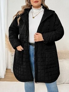 SHEIN CURVE+ Plus Size Casual Minimalist Drawstring Waist Hooded Jacket, Suitable For Autumn/Winter Wear - Black - View 4