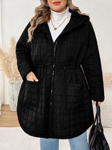 SHEIN CURVE+ Plus Size Casual Minimalist Drawstring Waist Hooded Jacket, Suitable For Autumn/Winter Wear - Black - View 1