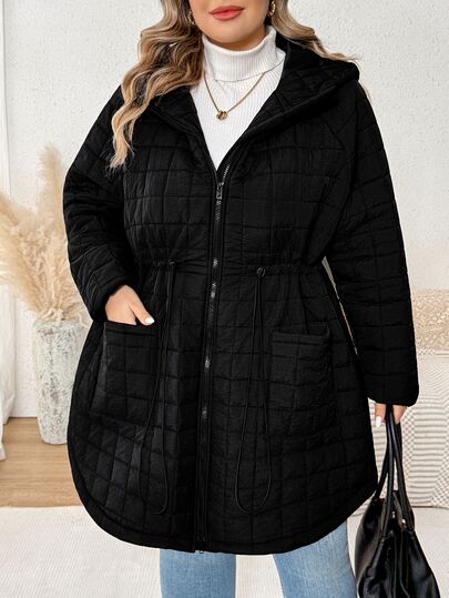 SHEIN CURVE+ Plus Size Casual Minimalist Drawstring Waist Hooded Jacket, Suitable For Autumn/Winter Wear