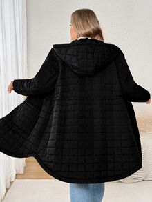 SHEIN CURVE+ Plus Size Casual Minimalist Drawstring Waist Hooded Jacket, Suitable For Autumn/Winter Wear - Black - View 2
