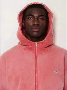 FORM&CHAOS Men's Loose Washed Vintage Streetwear Tropical Long Sleeve Zip-Up Hoodie Jacket Beach Rave Coral Fall - Red - View 3