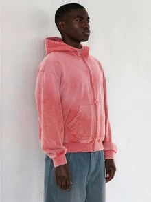 FORM&CHAOS Men's Loose Washed Vintage Streetwear Tropical Long Sleeve Zip-Up Hoodie Jacket Beach Rave Coral Fall - Red - View 6