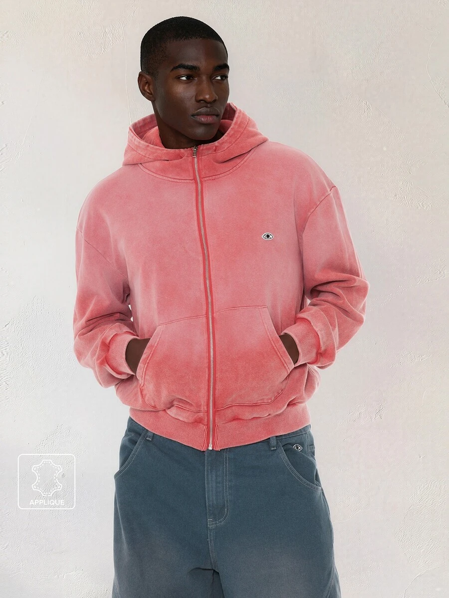 FORM&CHAOS Men's Loose Washed Vintage Streetwear Tropical Long Sleeve Zip-Up Hoodie Jacket Beach Rave Coral Fall - Red - View 1
