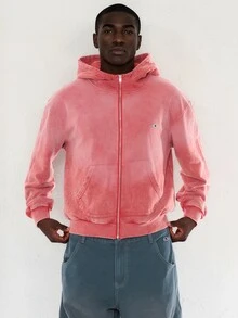 FORM&CHAOS Men's Loose Washed Vintage Streetwear Tropical Long Sleeve Zip-Up Hoodie Jacket Beach Rave Coral Fall - Red - View 7