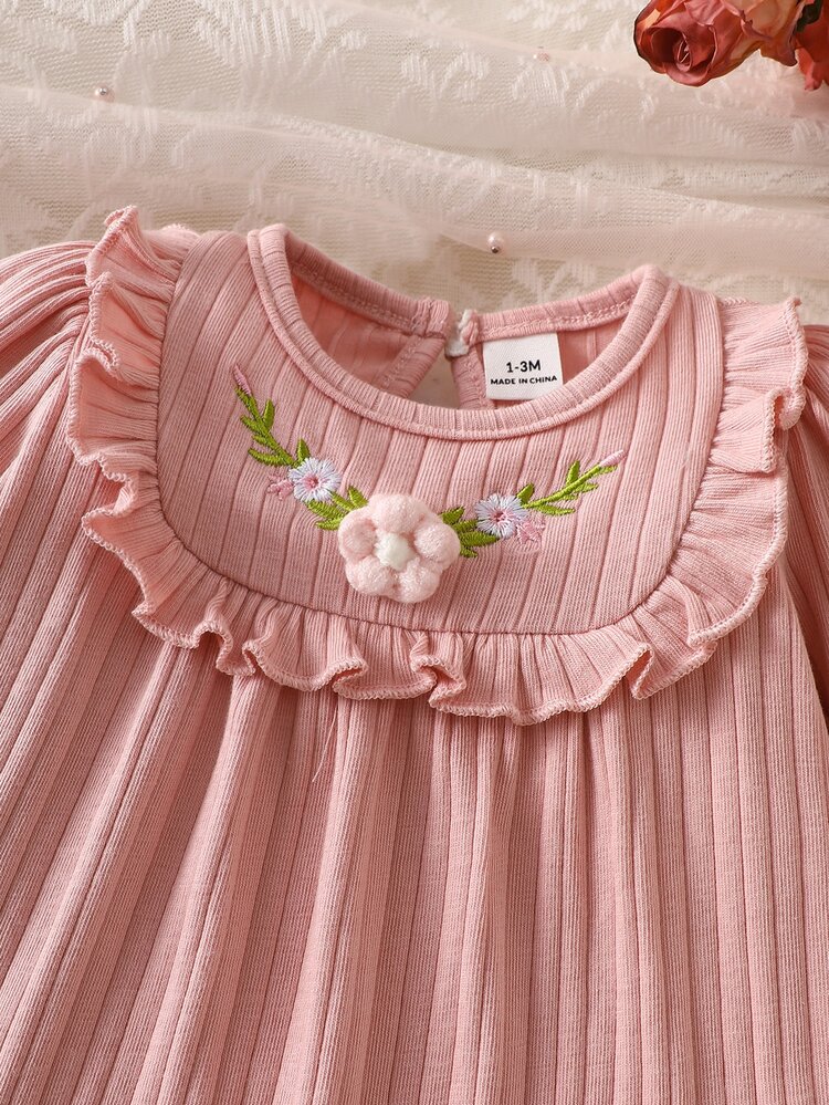 SHEIN 2pcs Baby Girls Princess Dress Sweet Pink Ribbed Knit Floral Embroidered Ruffle Long Sleeve Round Neck Regular Birthday Party Fall Cozy Holiday Set - Pink - View 6