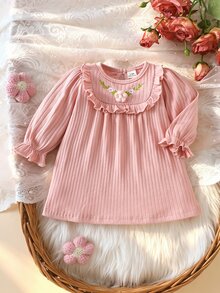 SHEIN 2件組女嬰公主洋裝套裝，甜美粉色羅紋針織花卉刺繡荷葉邊長袖圓領常規款，生日派對秋季保暖度假套裝 - 粉色 - 查看 2