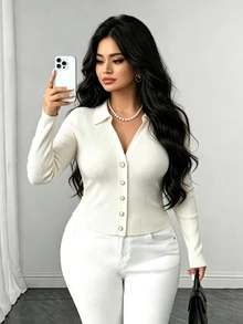 Elenzga Kaos Wanita Ukuran Besar Elegan Serbaguna untuk Perjalanan Sehari-hari Lengan Panjang Bergaris Putih Musim Gugur - Putih - View 5