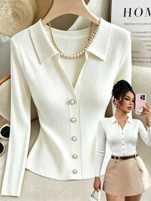 Elenzga Kaos Wanita Ukuran Besar Elegan Serbaguna untuk Perjalanan Sehari-hari Lengan Panjang Bergaris Putih Musim Gugur - Putih - View 4