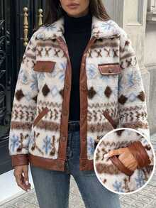 SHEIN Clasi Jaket Wanita Motif Geometris Musim Gugur/Dingin, Pakaian Musim Dingin, Natal, Halloween, Musim Gugur/Dingin. - MultiWarna - View 2