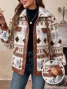 SHEIN Clasi Jaket Wanita Motif Geometris Musim Gugur/Dingin, Pakaian Musim Dingin, Natal, Halloween, Musim Gugur/Dingin. - MultiWarna - View 3