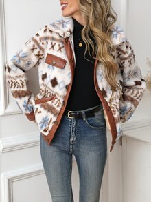 SHEIN Clasi Jaket Wanita Motif Geometris Musim Gugur/Dingin, Pakaian Musim Dingin, Natal, Halloween, Musim Gugur/Dingin. - MultiWarna - View 9