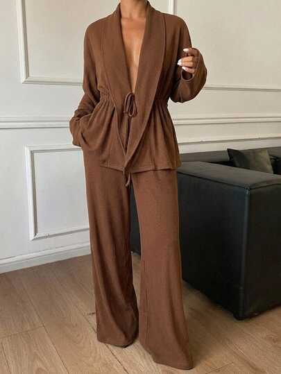 Livesso Women's 2 Pieces Set: Shades Of Brown Round Neck Long Sleeve Slim Fit Waist-Cinching Top And High-Waist Loose Wide-Leg Long Pants, Fall/ Lounge Casual
