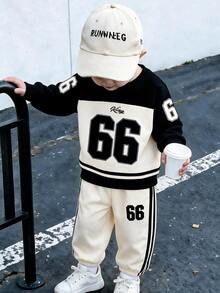 Genkimix Kids 幼童男孩運動衫與慢跑褲套裝，兒童秋季穿搭，數字66字母印花套頭上衣搭配條紋運動長褲，休閒秋季服飾 - 杏色 - 查看 9