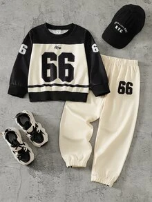Genkimix Kids 幼童男孩運動衫與慢跑褲套裝，兒童秋季穿搭，數字66字母印花套頭上衣搭配條紋運動長褲，休閒秋季服飾 - 杏色 - 查看 2