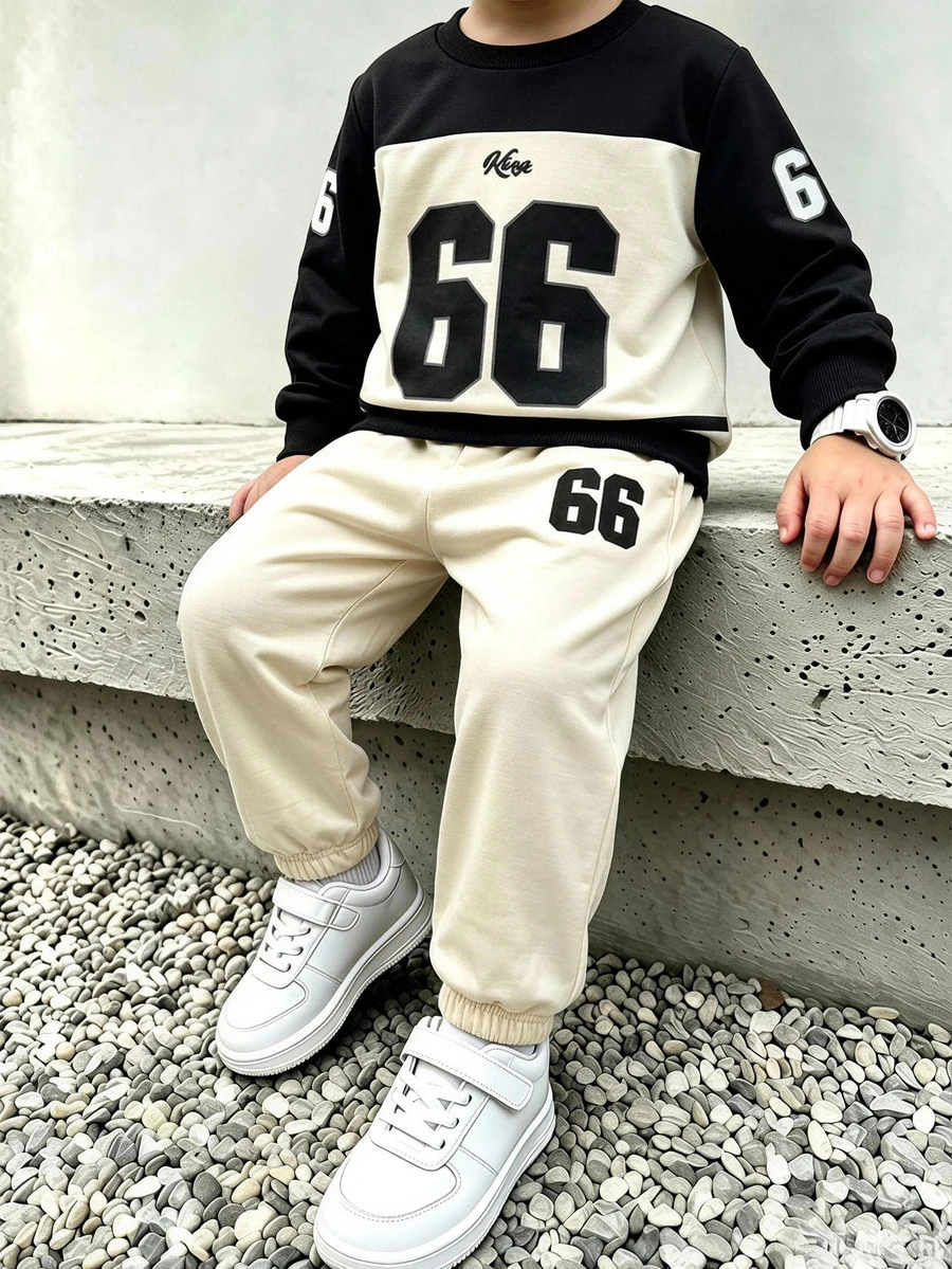 Genkimix Kids 幼童男孩運動衫與慢跑褲套裝,兒童秋季穿搭,數字66字母印花套頭上衣搭配條紋運動長褲,休閒秋季服飾 - 杏色 - 查看 1