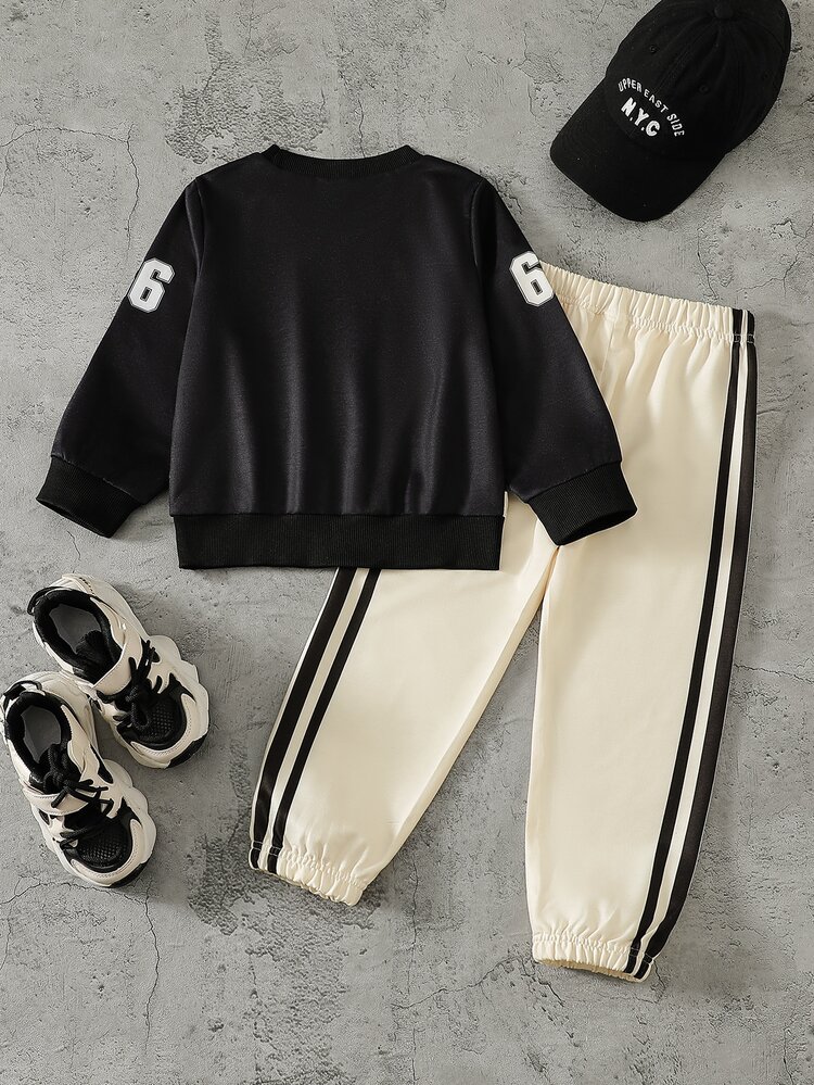 Genkimix Kids Toddler Boys' Sweatshirt And Jogger Pants Set, Fall Outfits For Kids, Number 66 Letter Print Pullover Top With Striped Sweatpants, Casual Fall Clothes - Apricot - View 3