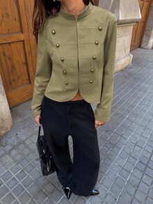 Aloruh 女款休閒時尚立領雙排扣綴珠長袖夾克 - 軍綠色 - 查看 4