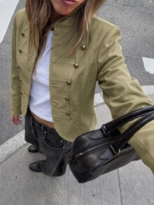 Aloruh 女款休閒時尚立領雙排扣綴珠長袖夾克 - 軍綠色 - 查看 5