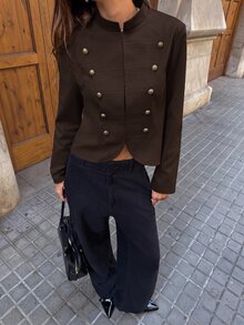 Aloruh Women's Solid Color Rivet Studded 3D Button Decor Asymmetrical Hem Fashion Long Sleeve Jacket - Coffee Brown - View 6