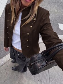 Aloruh Women's Solid Color Rivet Studded 3D Button Decor Asymmetrical Hem Fashion Long Sleeve Jacket - Coffee Brown - View 7