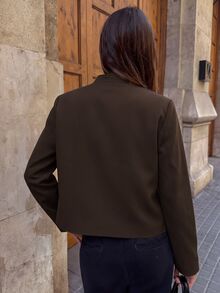 Aloruh Women's Solid Color Rivet Studded 3D Button Decor Asymmetrical Hem Fashion Long Sleeve Jacket - Coffee Brown - View 2