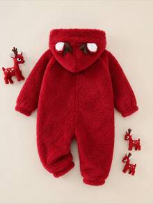 SHEIN Baby Boy Baby Girl Autumn/Winter Cute Animal Pattern Fuzzy Hooded Romper Loungewear - Red - View 4