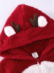 SHEIN Baby Boy Baby Girl Autumn/Winter Cute Animal Pattern Fuzzy Hooded Romper Loungewear - Red - View 5