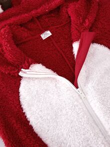 SHEIN Baby Boy Baby Girl Autumn/Winter Cute Animal Pattern Fuzzy Hooded Romper Loungewear - Red - View 6