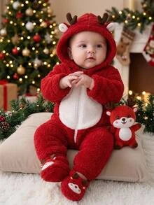 SHEIN Baby Boy Baby Girl Autumn/Winter Cute Animal Pattern Fuzzy Hooded Romper Loungewear - Red - View 2