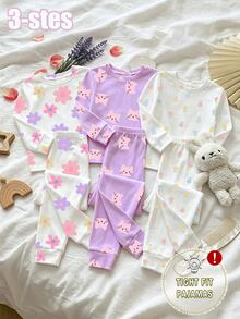 SHEIN 3套女童針織圓領長袖上衣與長褲套裝，白色紫色花朵貓咪卡通圖案，可愛簡約休閒舒適，柔軟貼身居家服，四季皆宜 - 彩色 - 查看 3