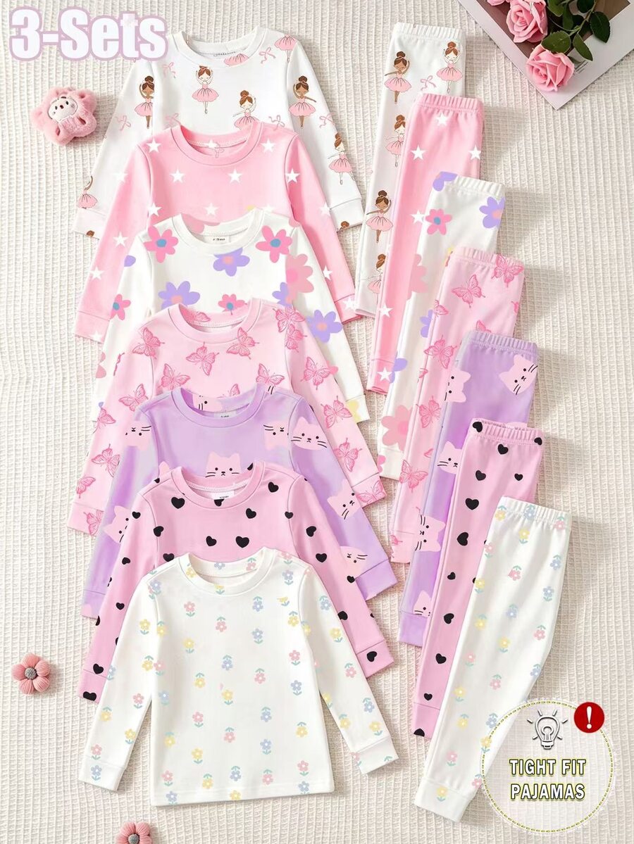 SHEIN 3套女童針織圓領長袖上衣與長褲套裝,白色紫色花朵貓咪卡通圖案,可愛簡約休閒舒適,柔軟貼身居家服,四季皆宜 - 彩色 - 查看 1