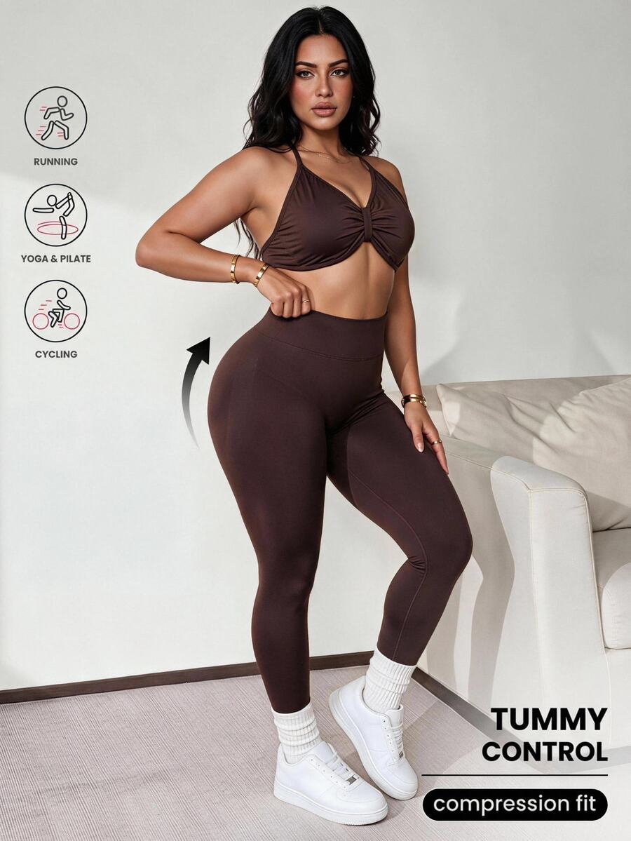 Slayform Slayform Plus-Size Women's Summer Solid Color Pleated Camisole Sports Bra And Leggings Set Gym Brown - Coffee Brown - View 1
