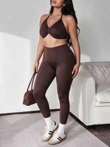 Slayform Slayform Plus-Size Women's Summer Solid Color Pleated Camisole Sports Bra And Leggings Set Gym Brown - Coffee Brown - View 2