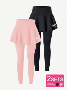 Tween Girls 2pcs/Set Tween Girls Casual All-Match Versatile Ballet Sports Bow Skirt Leggings, Fall, Summer, Minimalist, Back To School, Outfit - Black - View 7