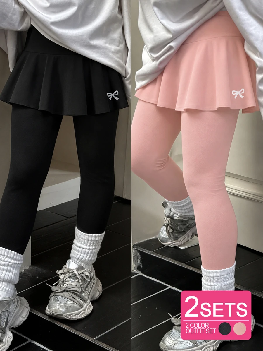Tween Girls 2pcs/Set Tween Girls Casual All-Match Versatile Ballet Sports Bow Skirt Leggings, Fall, Summer, Minimalist, Back To School, Outfit - Black - View 1