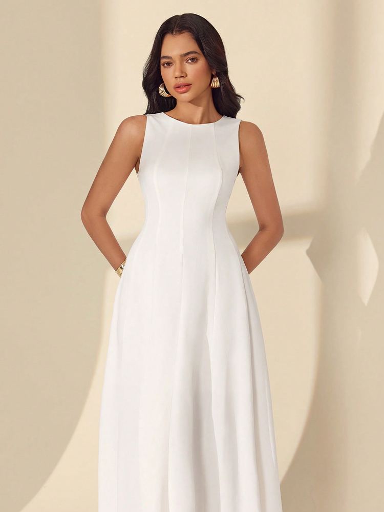 SHEIN White Midi Dress For Women Sleeveless Round Neck Flared Hem Elegant Style Ankle Length Dress - White - View 4