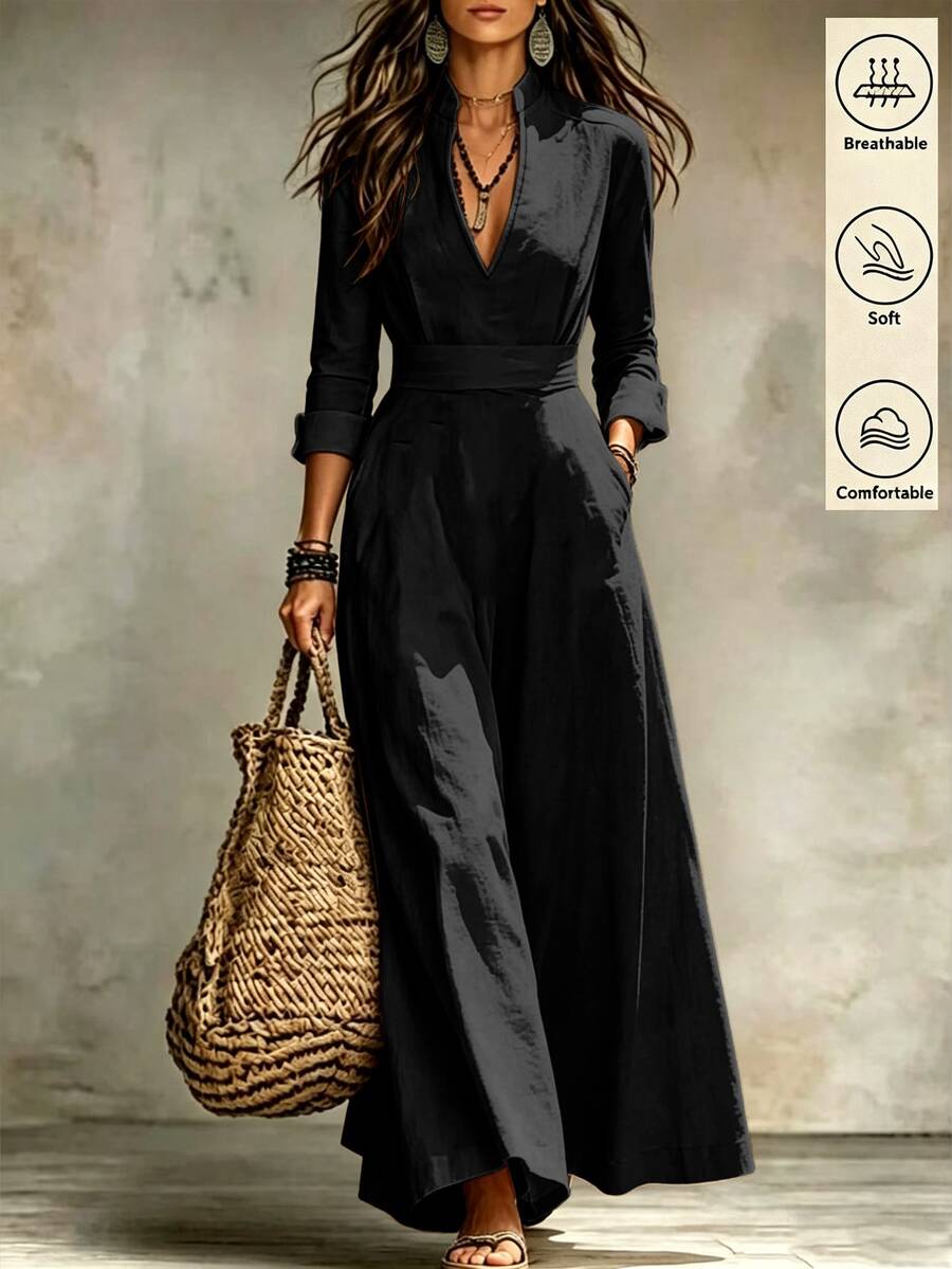 SHEIN فستان نسائي بلون موحد مطوي كاجوال للحفلات - الأسود - مشاهدة 1